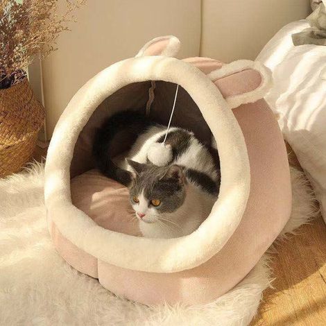 Lit Pour Chat - Cabane Pour Chats En Coton Doux - Lit Caverne Semi-Fermé Avec Oreilles Décoratives - Lavable En Machine - Hauteur 28 Cm - Rose - 1 Pièce (1/5)