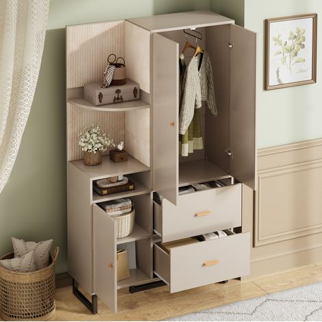 Armario recibidor 110x38x186 cm beige y gris en MDF con paneles acolchados, cajones y zapatero (1/5)
