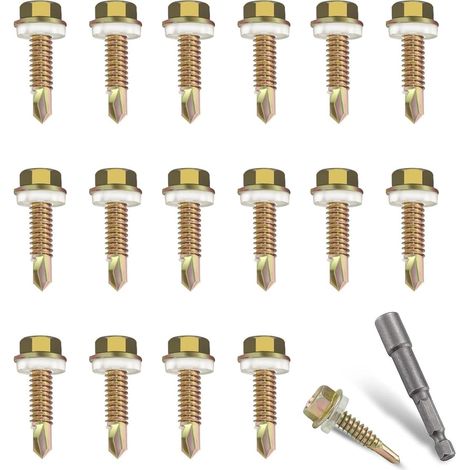Lot de 100 vis à tôle autotaraudeuses en acier au carbone avec joint d'étanchéité pour tôles de toit, vis autotaraudeuses, pour vis à tôle, carrosserie, tôle d'aluminium (M4 x 25 mm) (1/5)