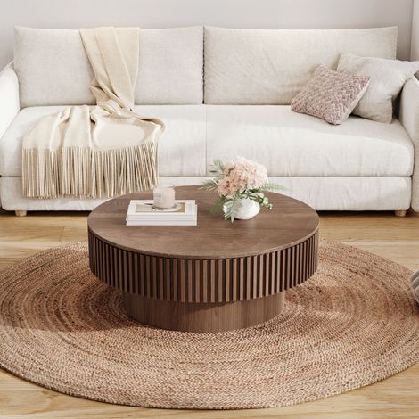Table basse ronde 75cm avec rangement, bois massif plaqué noyer, table d'appoint moderne pour salon, chambre, appartement ou bureau (1/5)