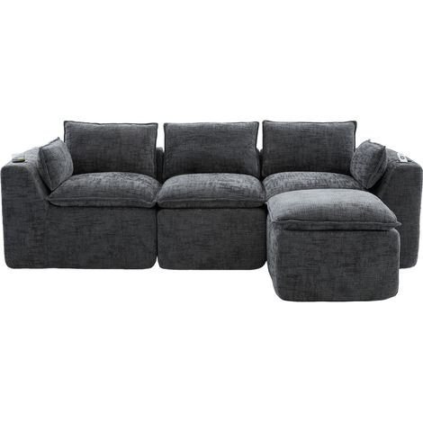 Canapé modulable 3 places en tissu gris foncé avec pouf, coussins, porte-gobelets et poches latérales, idéal salon, bureau ou chambre d'amis CHICFURN (1/5)