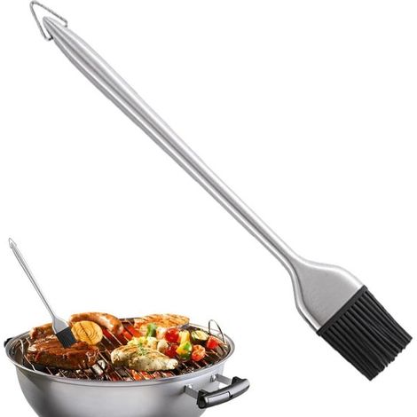 Manico per pennello da cucina in acciaio inox - Strumento per la preparazione di marinate - Manico resistente al calore - Testina staccabile - Argento (1/5)