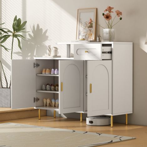 Commode, buffet ou rangement à chaussures blanc avec poignées métalliques, 1 tiroir et 3 portes, pieds métalliques réglables – Dimensions : 120 x 92 x 35 cm