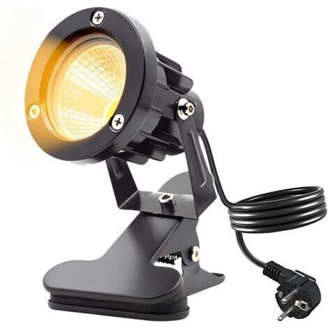 Spot LED, 10 W, à pince avec prise et interrupteur, IP65, étanche IP65, éclairage de jardin, avec câble de 1,8 m, pour extérieur, cour, pelouse (blanc chaud) (1/5)