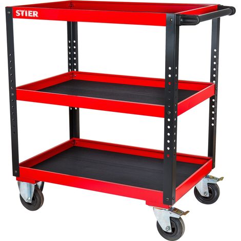 STIER Servicewagen, HxBxT 969x894x543 mm, Transportwagen mit Schiebegriff, Servierwagen mit Feststeller, Tischwagen mit 3 Etagen, 50kg Tragkraft je Etage