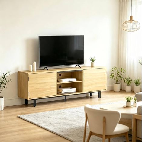 Meuble TV 160 cm pour TV jusqu’à 65 pouces, 2 portes push-to-open et niches ouvertes (1/5)