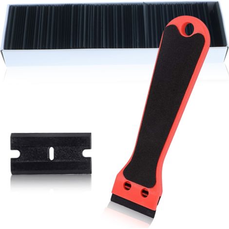 Outil de nettoyage à gratter (1 pièce) avec 100 lames de rechange en plastique, dissolvant d'autocollants, grattoir à joints multi-usages, grattoir en plastique pour retirer les autocollants, les étiq (1/5)