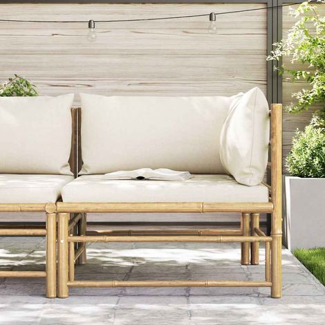 Canapé d'angle de jardin, Canapé d'extérieur, Meuble de jardin, avec coussins blanc crème Bambou OIB5025E (1/5)