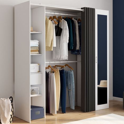MERYL armario extensible 145/170 x 50 x 180 cm blanco con estantes + armario doble + espejo + cortina gris