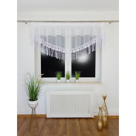 Tenda pronta all'uso, in voile con pizzo guipure, 300x90 cm, fiocco bianco, nastro arricciato, passante per asta per tende. (1/5)