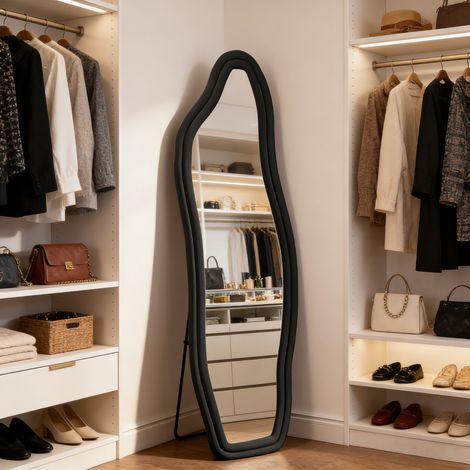 Miroir sur pied, 140x45cm, Cadre en velours, verre trempé, miroir mural, Miroir pleine longueur, pour Salon, Entrée, Noir
