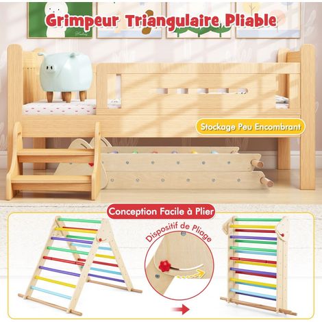 Set de grimpe Pikler en bois multicolore avec triangle pliable, toboggan sécurisé et barres en hêtre pour chambre et salle de jeux (1/5)