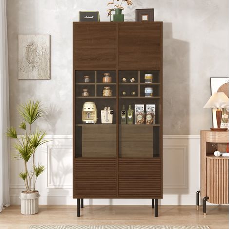 Vitrina alta 75,5 x 35 x 164,5 cm en MDF efecto madera marrón con puertas de vidrio y almacenaje (1/5)
