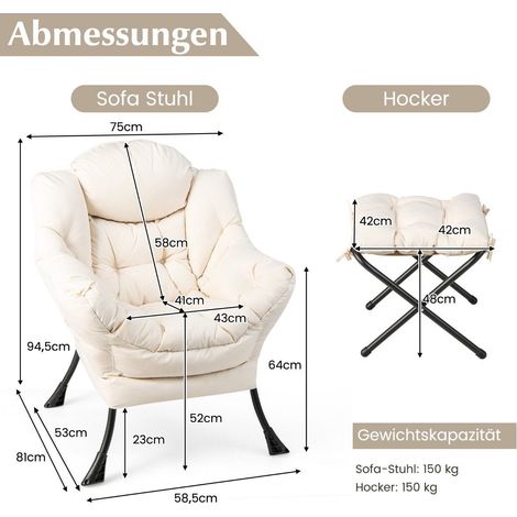 Sessel mit hocker armlehnen seitentasche fustutze relaxsessel ohrensessel beige