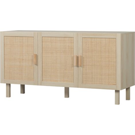 Böhmisches Sideboard mit 3 Türen, verstellbarem Einlegeboden und Schrankfach in Rattanoptik, 136 x 41 x 70 cm