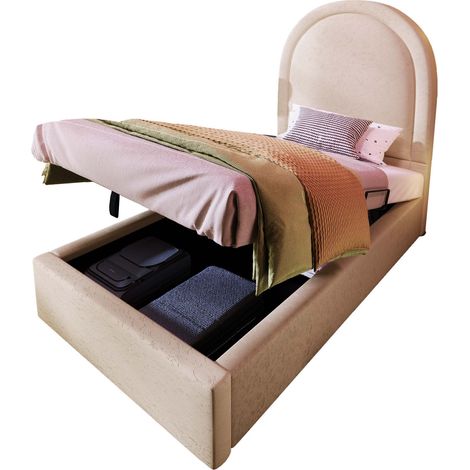 Lit coffre 90x200 cm en PU beige, sommier à lattes hydraulique, tête de lit demi-lune (1/5)