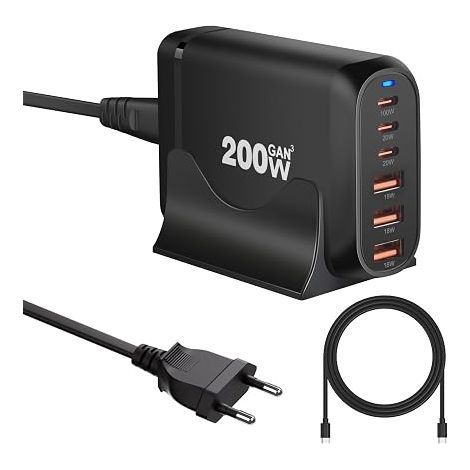 Chargeur USB C Multiple 6 Ports GaN Station de Charge USB C de Bureau Compatible avec 17/16/15/14/13/12/11 S24/S23/S22 Ordinateur Portable Noir avec Câble USBC 100W 1.5m (1/5)