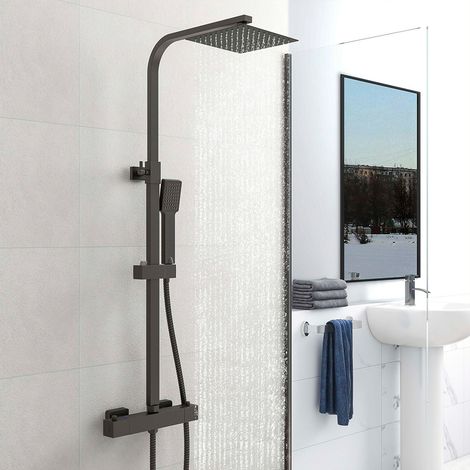 AICAIT Nero Colonna Doccia con Miscelatore Termostatico, Set Doccia Termostatico, Set Doccia a Pioggia con Soffione Quadrato 20x20 cm