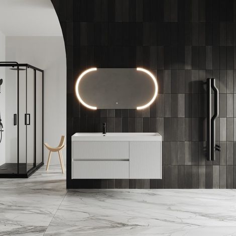 Mobile Bagno Bianco Opaco Cannettato 120Cm Specchio A Led Cortina