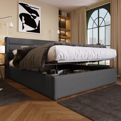 Lit double 180x200cm coffre hydraulique capitonné gris lin - Sommier à lattes bois inclus - Design moderne et rangement (sans Matelas) (1/5)