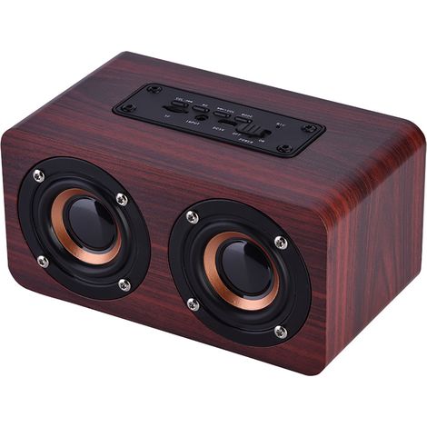Mini enceinte Bluetooth portable en bois rouge avec 2 haut-parleurs stéréo sans fil et 2 pavillons. (1/5)