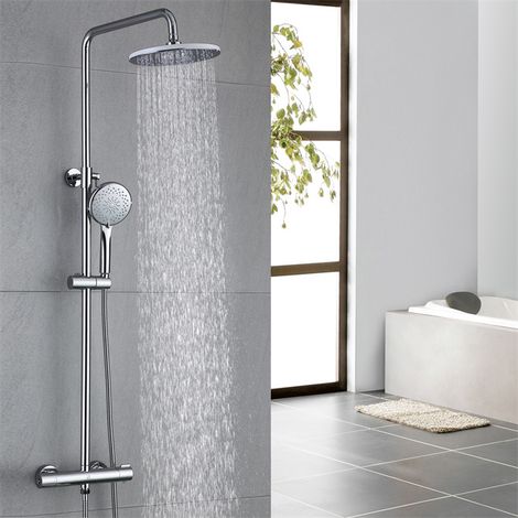 Ohpa – Colonne de douche thermostatique chromée – Tête de douche 8" effet pluie – Douchette 5" avec 3 jets – Flexible 150 cm – Corps en laiton (1/5)