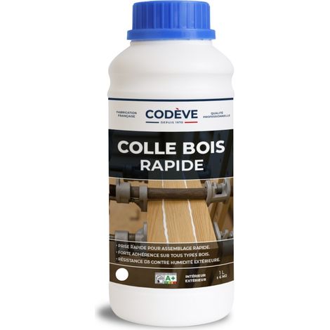 Codève Bois – Colle à bois rapide D3 1 L – Séchage 30 mn – Pour bois soumis à l'humidité – Rendement 8 m2/l
