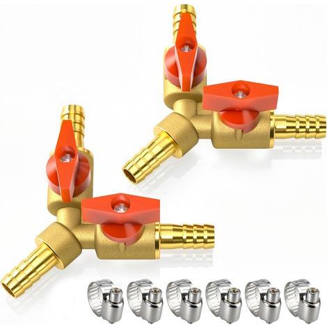 2 Pcs 10mm Robinet à boisseau sphérique 3 voies en laiton, Raccord de vanne d'arrêt à 2 interrupteurs en forme de Y avec 6 colliers de serrage (1/5)