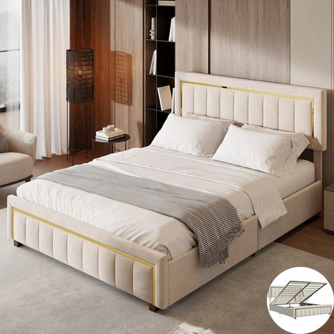 Lit coffre adulte 140x190 cm - Lit rembourré avec sommier à lattes et espace de rangement hydraulique - deux place - Velours beige (1/5)