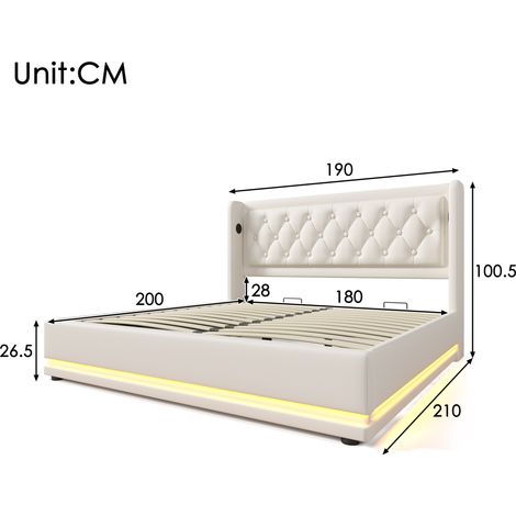 Lit double 180x200 cm blanc en PU, sommier coffre hydraulique, tête de lit avec port USB-C, éclairage LED sur 3 côtés, sans matelas