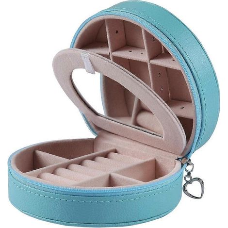 Boîte à bijoux de voyage pour femme (bleu fontaine) - Étui de rangement portable pour bijoux, boucles d'oreilles et bagues avec compartiments de rangement (1/4)