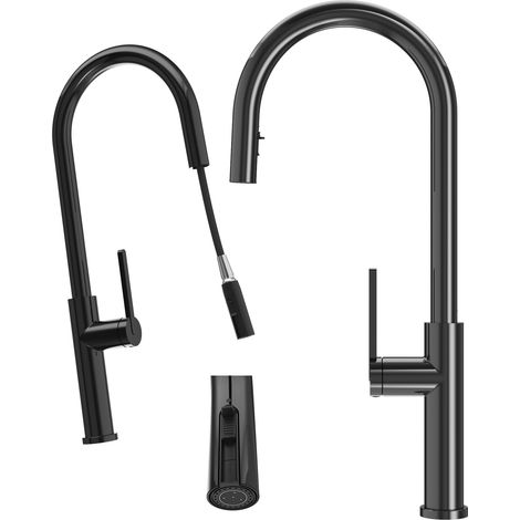 Mitigeur de Cuisine avec Douchette Extractible Granitan Prati Noir Brillant - Robinet Moderne 1 Pièce (1/5)
