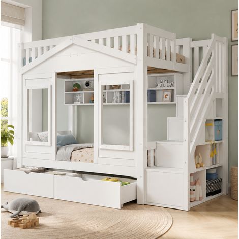 Hochbett mit Stauraumtreppe rechts, Hausdesign, Schublade und Seitenfächern, Kiefernholz und MDF, weiß (1/5)