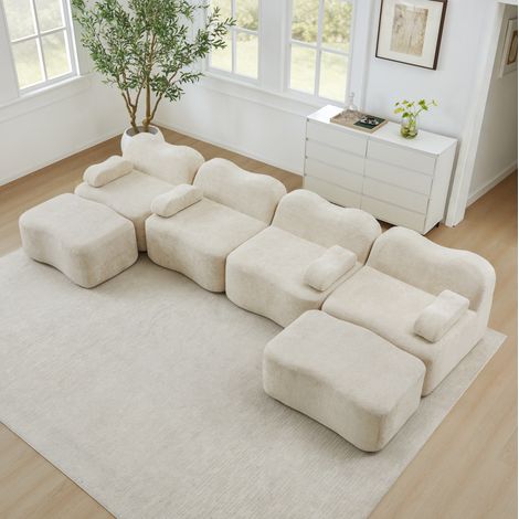 Modulares Sofa 4-Sitzer U-Form aus Samt Beige, rahmenlos mit 2 Ottomane, flexible Wohnlandschaft (1/5)