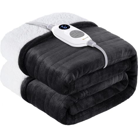 Couverture Chauffante Électrique 130x180 cm, Gris Flanelle Sherpa, 6 Niveaux De Température, 1-10 Heures Arrêt Automatique (1/5)