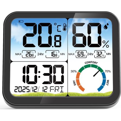 5,8" Thermomètre hygromètre intérieur,moniteur température humidité horloge Alimentation USB-C/piles, écran rétroéclairé, étalonnable, mémoire max/min, confort hygro, date (1/5)