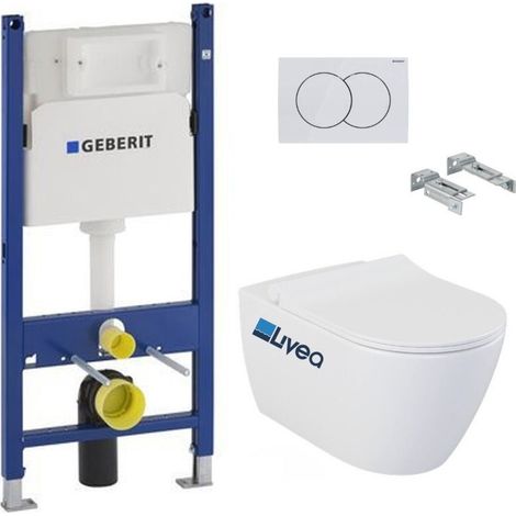Pack WC Bati-support Geberit Duofix + Cuvette suspendue sans bride Livea Bello + Abattant soft close + Plaque Blanche (BelloGeb3