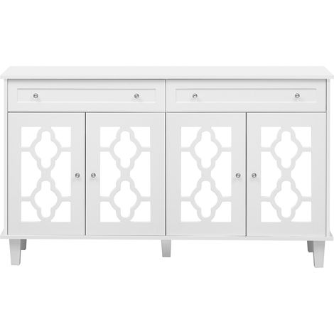 ELVMI Buffet et Enfilade avec 4 Portes Miroir et 2 Tiroirs, Étagère Réglable, pour Salon, en MDF, 140×40×83 cm, Blanc (1/5)