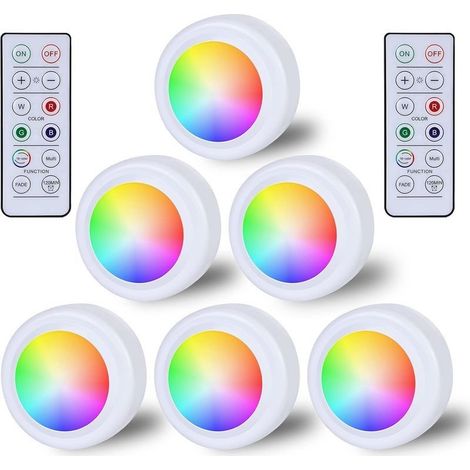 6x Spots LED RGB alimentés par piles avec télécommande, 16 changements de couleur Éclairage de placard Dimmable Éclairage de soubassement Sans fil Lampe LED tactile avec minuteur et fonction mémoire (1/5)