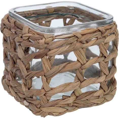 Portavelas de vidrio forrado de fibras naturales marrón 11.5x11.5x12h cm (1/5)