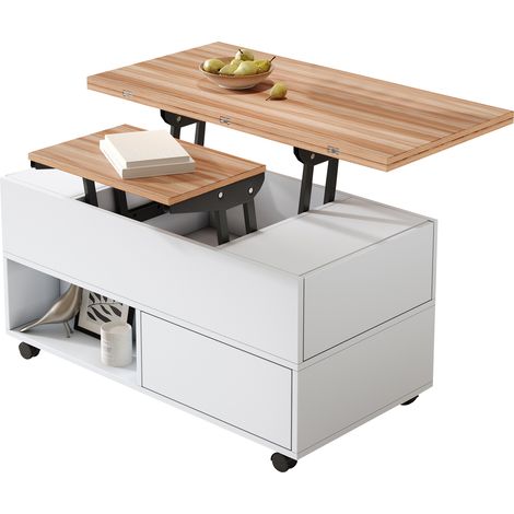 Table Basse Table Extensible Hauteur Reglable 52 a 66 cm Plateau Pliant 100x100 cm 4 Tiroirs 4 Roulettes Charge 50 kg Table Manger pour Salon (1/5)