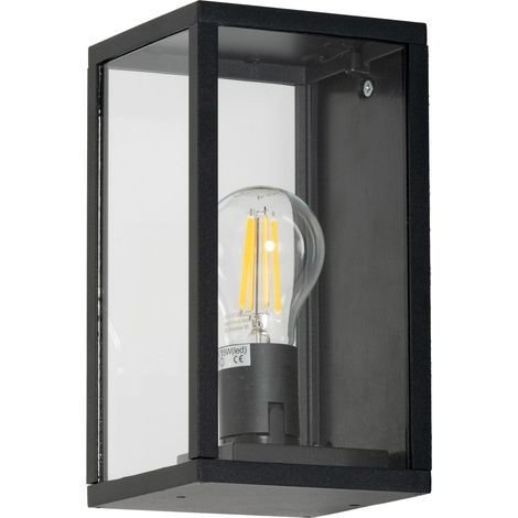 PRISTOL Aplique de Pared para Exterior IP44 de Diseño Clásico. Iluminación de Terraza o Jardín para Bombilla Led E27. Aplique Rectangular de Aluminio y Cristal. Color Negro