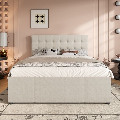 Lit familial 140x200cm, canapé-lit escamotable avec 3 tiroirs, tête réglable, sans matelas, beige, lit double pour adulte et enfant, en tissu (1/5)