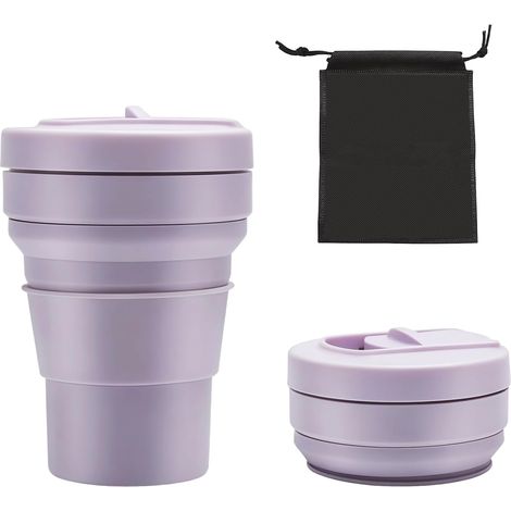 Tazza da viaggio pieghevole da 355 ml, con coperchio e cannuccia retrattili, riutilizzabile, lavabile in lavastoviglie, ideale per campeggio, ufficio e viaggi (viola) (1/5)