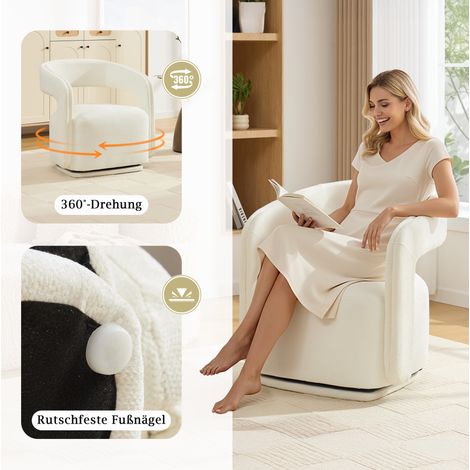 Fauteuil lounge pivotant Barrel en chenille blanche, 70x65,5x74 cm, design confortable pour salon et coin lecture (1/5)