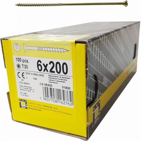 Vis autoperceuse 6x200mm – Tête conique TX-30 – 100 pièces – Acier électro-galvanisé – Vissage rapide sans pré-perçage – Domax