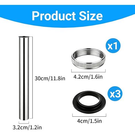 300MM Drain Extension Immersion Tube, Sink Drain, Stainless Steel Siphon Extension for Washbasin - 1 1/4" x 32mm, Accessories Included (1/4)