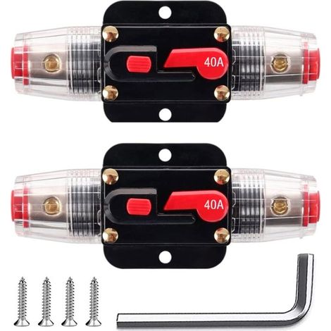 Confezione da 2 fusibili di ripristino in linea da 40 A per interruttori automatici, 12-24 V CC, portafusibili di ripristino da 40 A con ripristino manuale per la protezione di impianti audio per auto (1/4)