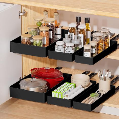 Tiroir coulissant extensible pour placard de cuisine – Installation sans perçage – Organiseur pratique pour salle de bain et cuisine – Rangement optimisé, noir – Taille moyenne 18 cm