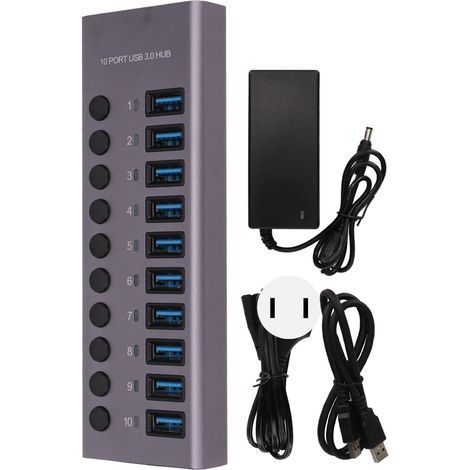 Hub USB 10 ports 5Gbps, adaptateur multiport USB C Plug and Play, station d'accueil USB C pour PC de bureau, prise US 100-240V (1/4)